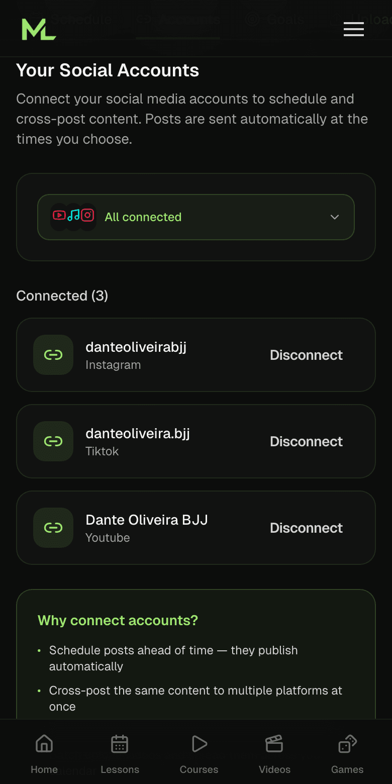 The MatLinks auto-poster with Instagram, TikTok, and YouTube connected