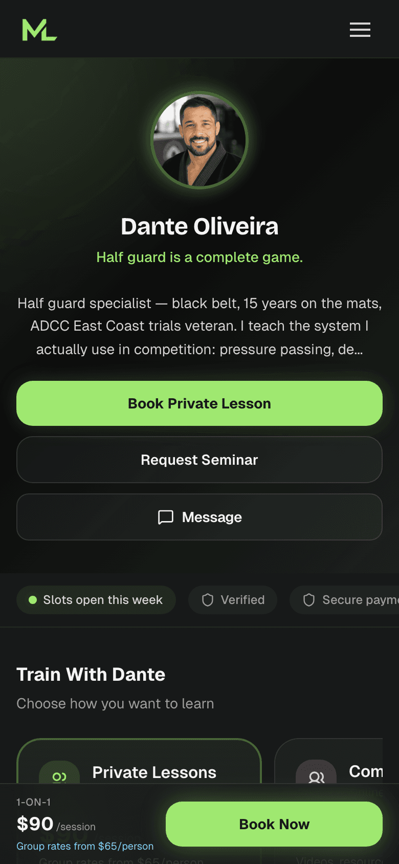 A coach's public MatLinks page with a book button
