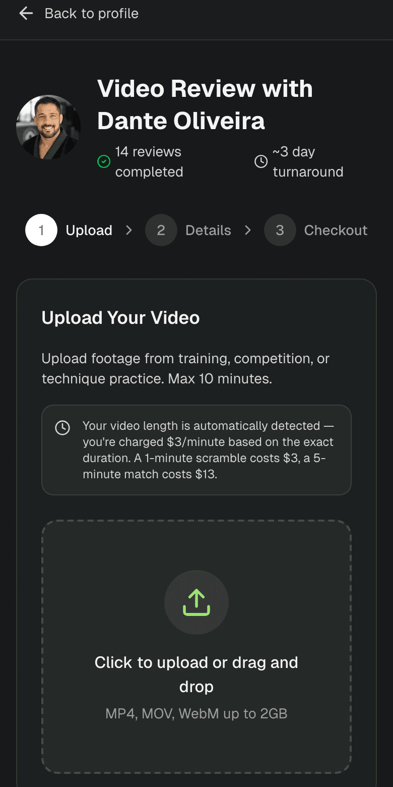 Athlete video review upload page with per-minute pricing