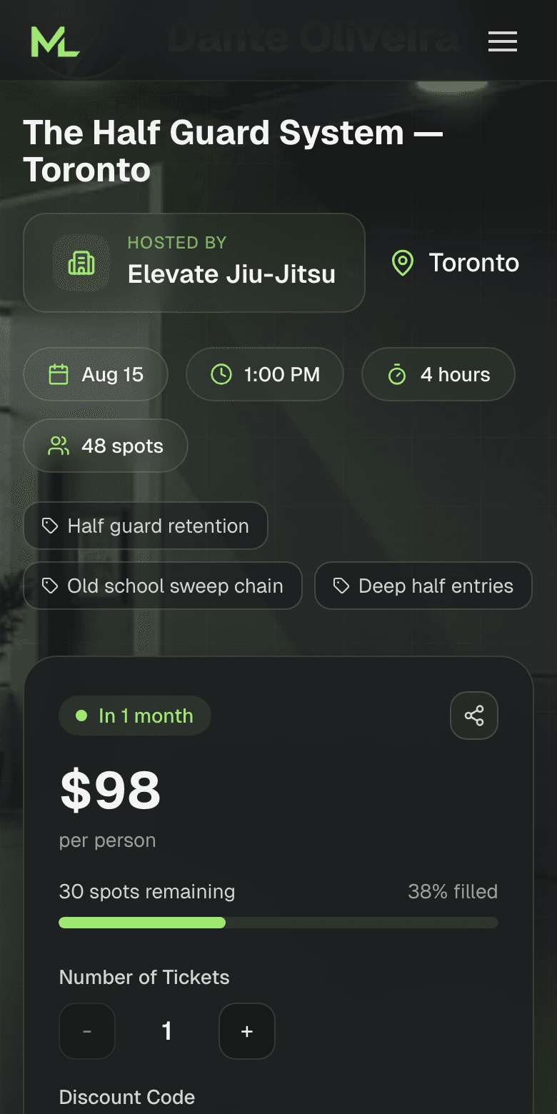 A MatLinks seminar page with date, price, tickets, and seats remaining
